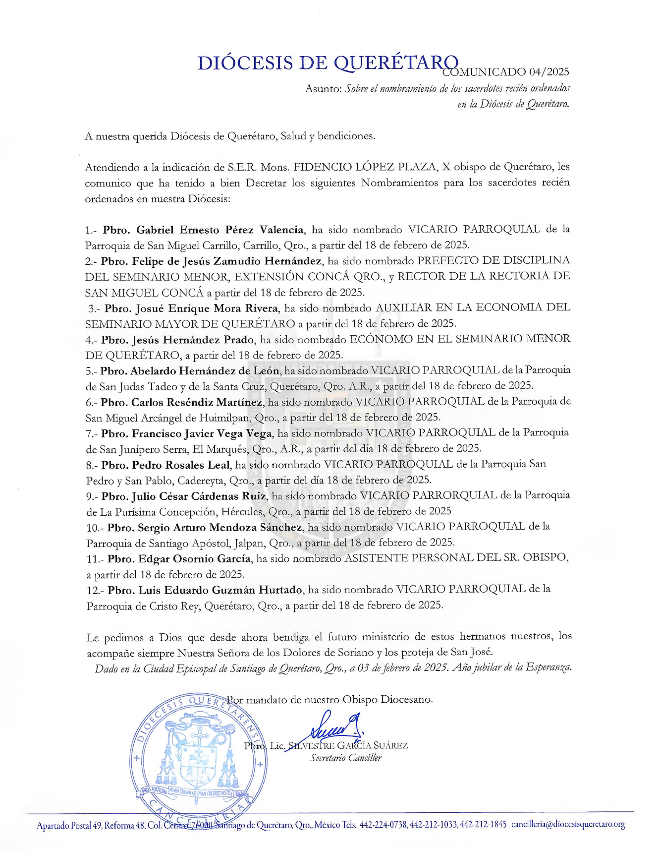 COMUNICADO N. 04/2025. Asunto: Sobre el nombramiento de los sacerdotes recién ordenados en la Diocesis de Querétaro